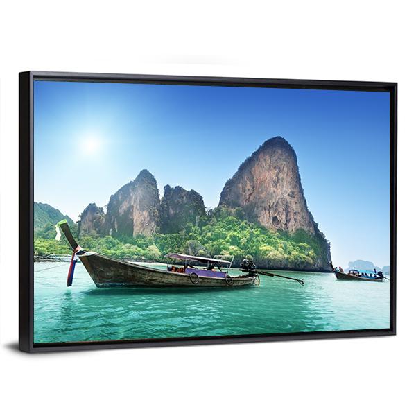 Boat On Railay Beach Canvas Wall Art-5 Horizontal-Gallery Wrap-22" x 12"-Tiaracle