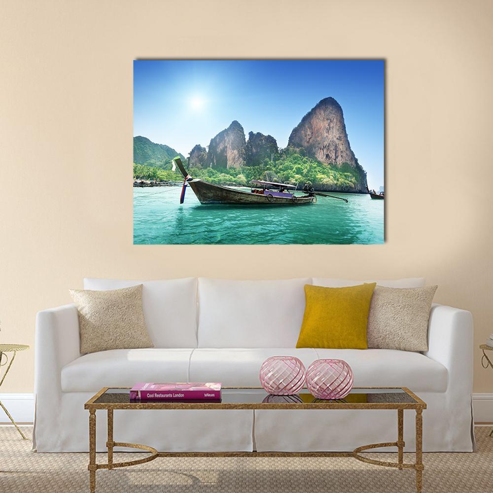 Boat On Railay Beach Canvas Wall Art-1 Piece-Gallery Wrap-48" x 32"-Tiaracle