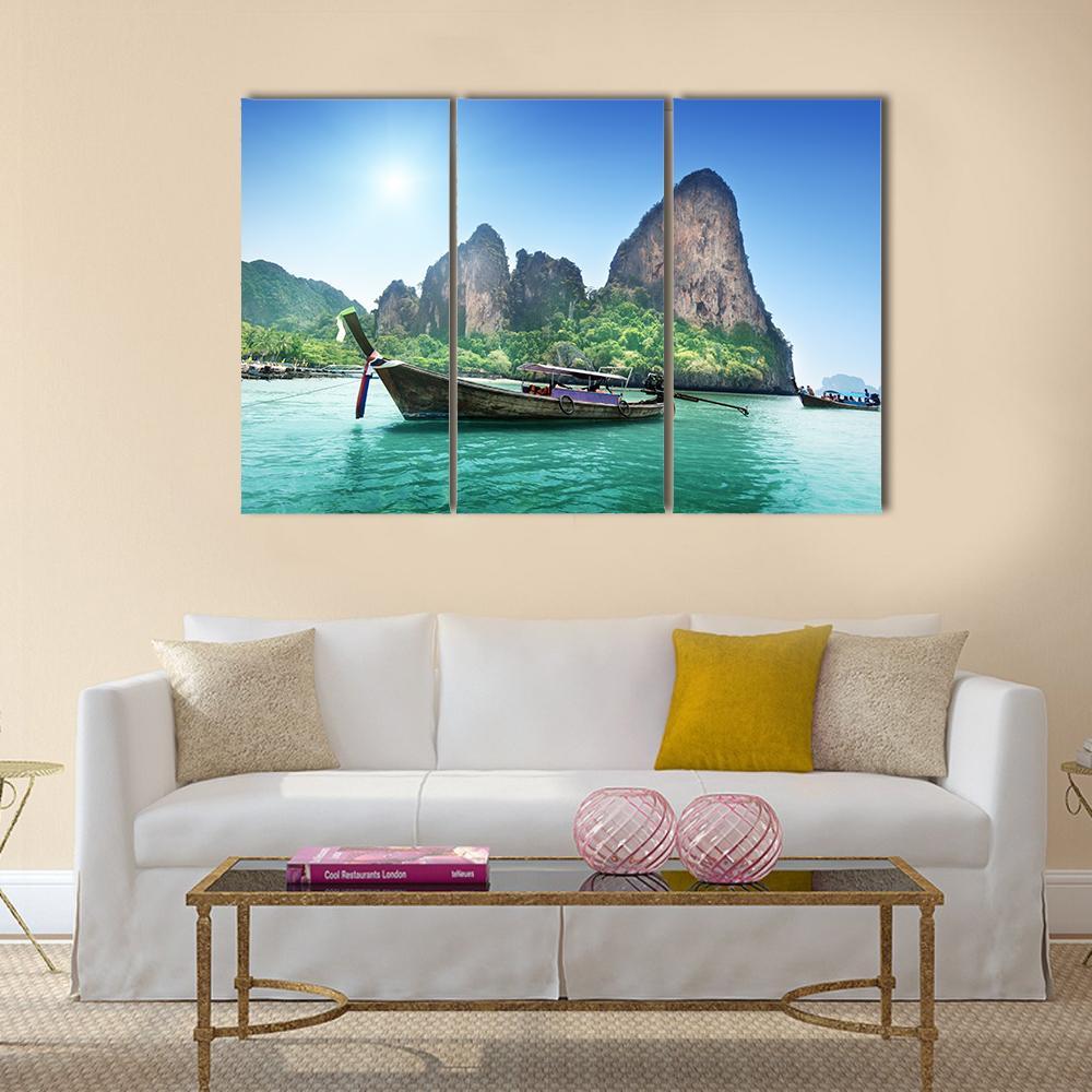 Boat On Railay Beach Canvas Wall Art-3 Horizontal-Gallery Wrap-37" x 24"-Tiaracle