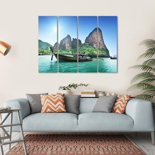 Boat On Railay Beach Canvas Wall Art-4 Horizontal-Gallery Wrap-34" x 24"-Tiaracle