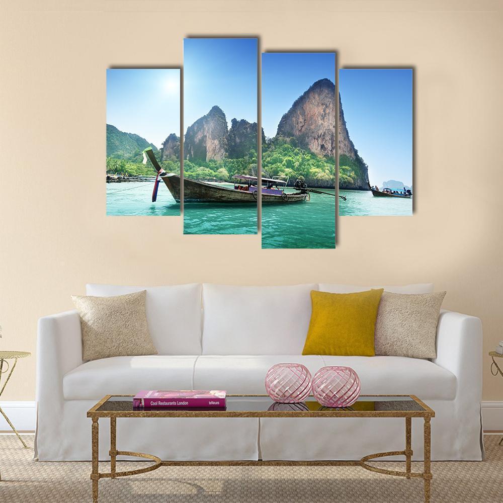 Boat On Railay Beach Canvas Wall Art-4 Pop-Gallery Wrap-50" x 32"-Tiaracle