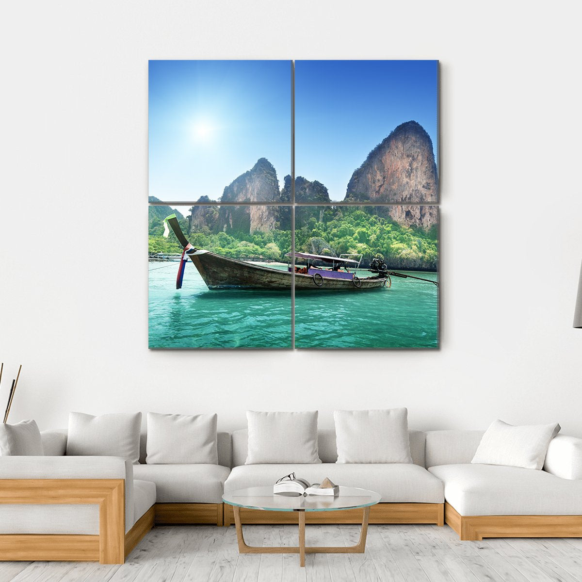 Boat On Railay Beach Canvas Wall Art-4 Square-Gallery Wrap-17" x 17"-Tiaracle