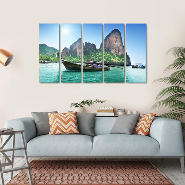 Boat On Railay Beach Canvas Wall Art-5 Horizontal-Gallery Wrap-22" x 12"-Tiaracle