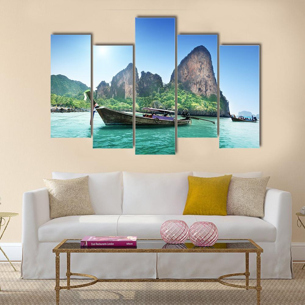 Boat On Railay Beach Canvas Wall Art-5 Pop-Gallery Wrap-47" x 32"-Tiaracle