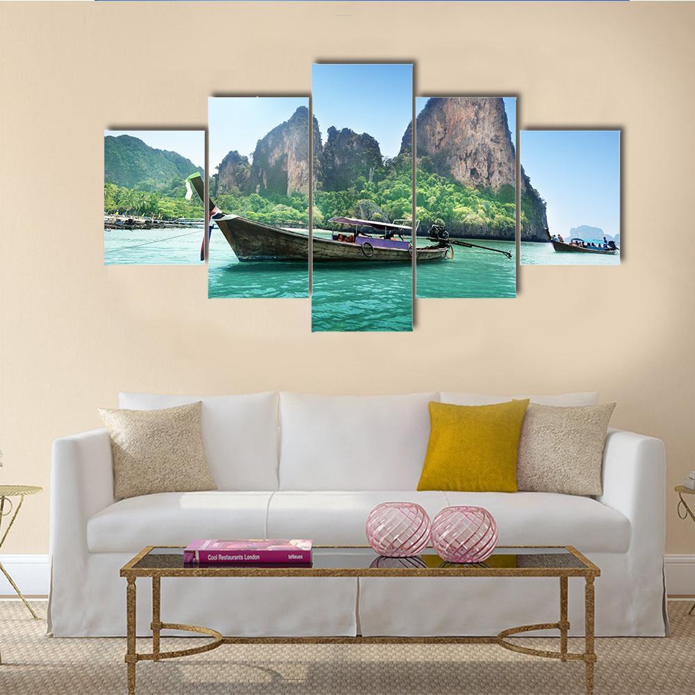 Boat On Railay Beach Canvas Wall Art-5 Star-Gallery Wrap-62" x 32"-Tiaracle