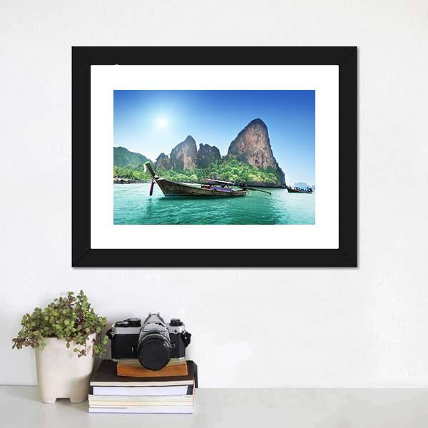 Boat On Railay Beach Canvas Wall Art-1 Piece-Framed Print-20" x 16"-Tiaracle