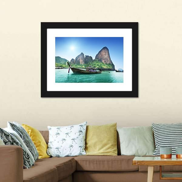 Boat On Railay Beach Canvas Wall Art-3 Horizontal-Gallery Wrap-25" x 16"-Tiaracle
