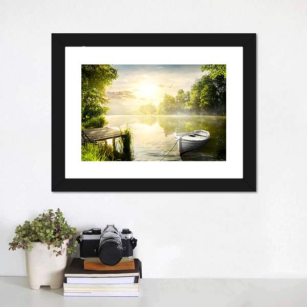 Boat On River Bank Canvas Wall Art-1 Piece-Framed Print-20" x 16"-Tiaracle