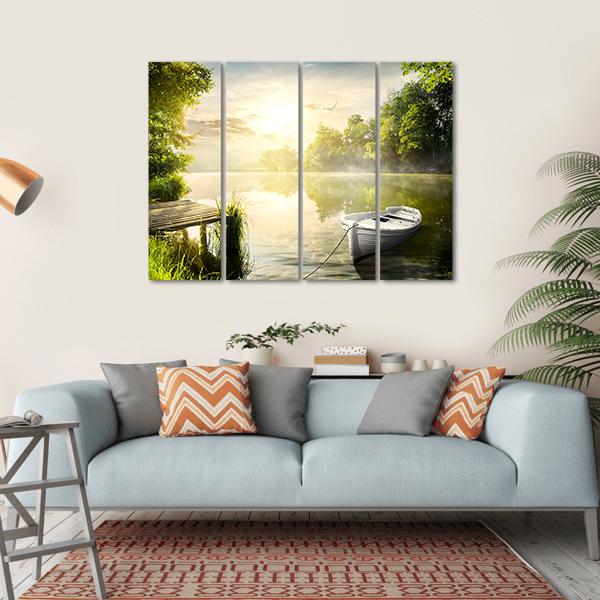 Boat On River Bank Canvas Wall Art-4 Horizontal-Gallery Wrap-34" x 24"-Tiaracle