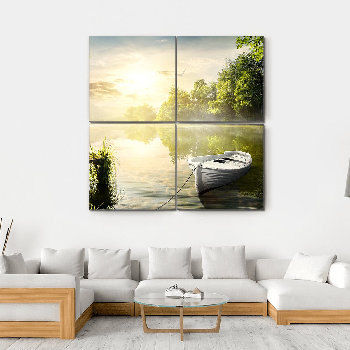 Boat On River Bank Canvas Wall Art-4 Square-Gallery Wrap-17" x 17"-Tiaracle