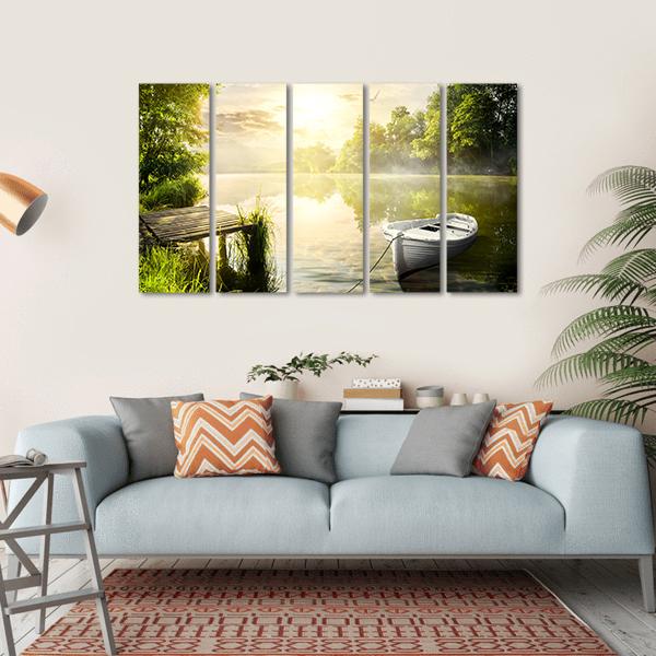 Boat On River Bank Canvas Wall Art-5 Horizontal-Gallery Wrap-22" x 12"-Tiaracle
