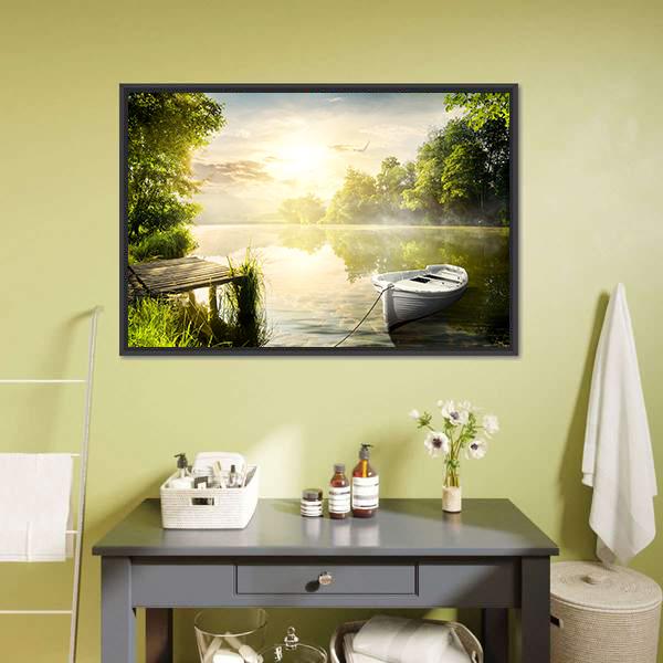 Boat On River Bank Canvas Wall Art-5 Horizontal-Gallery Wrap-22" x 12"-Tiaracle