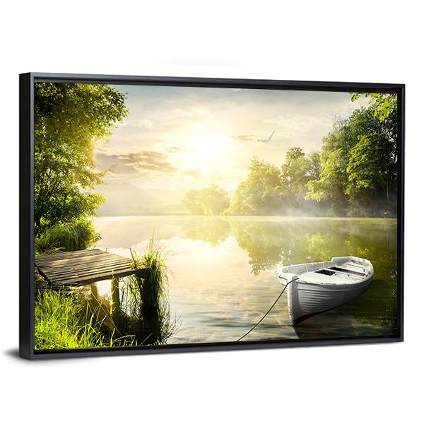 Boat On River Bank Canvas Wall Art-5 Horizontal-Gallery Wrap-22" x 12"-Tiaracle