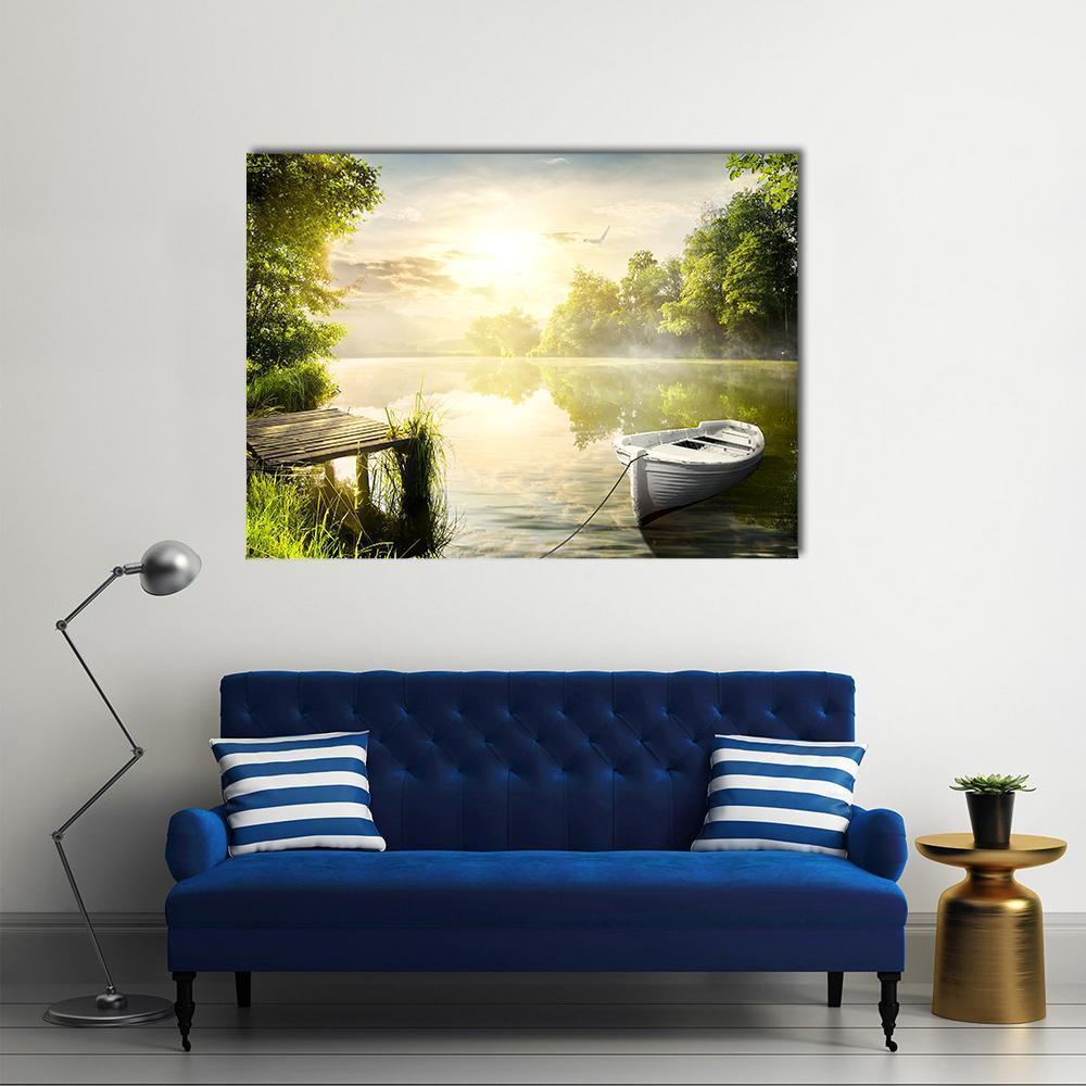 White Rowboat Tied to Dock Canvas Wall Art in white, yellow and green, single panel hung on a wall