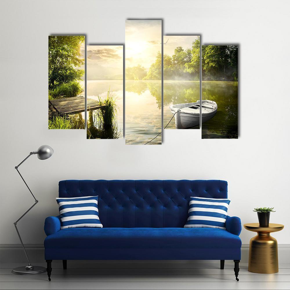 Boat On River Bank Canvas Wall Art-5 Pop-Gallery Wrap-47" x 32"-Tiaracle