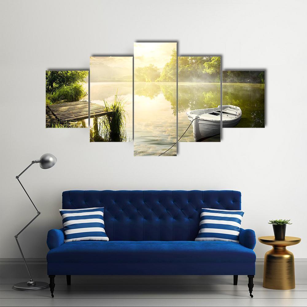 Boat On River Bank Canvas Wall Art-5 Pop-Gallery Wrap-47" x 32"-Tiaracle
