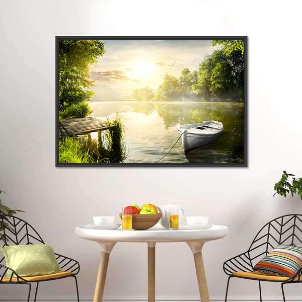 Boat On River Bank Canvas Wall Art-3 Horizontal-Gallery Wrap-25" x 16"-Tiaracle