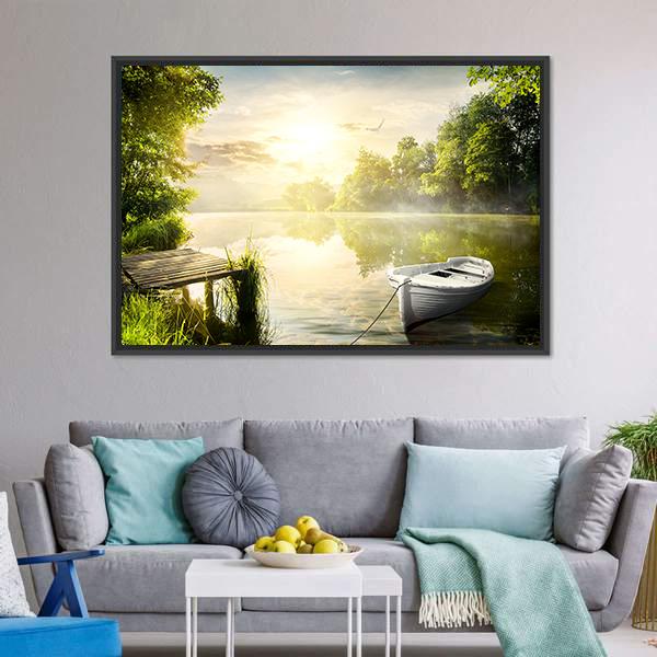 White Rowboat Tied to Dock Canvas Wall Art in white, yellow and green, framed canvas, product view on a white background