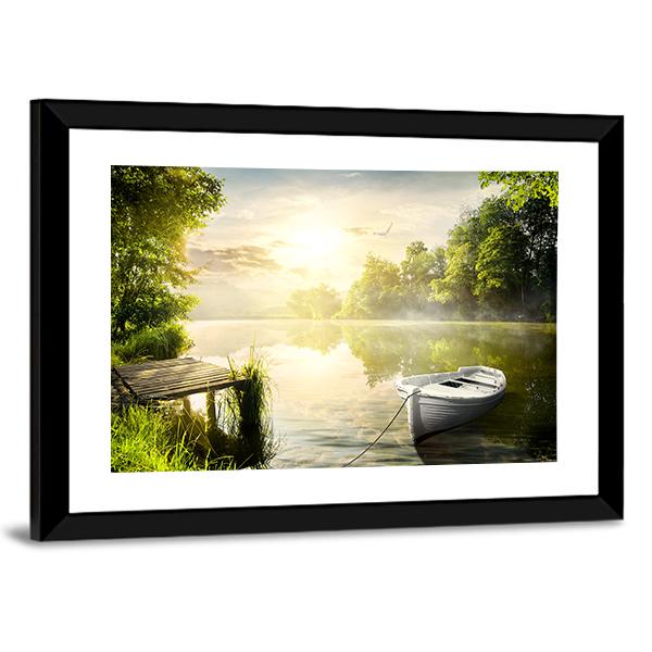 Boat On River Bank Canvas Wall Art-3 Horizontal-Gallery Wrap-25" x 16"-Tiaracle