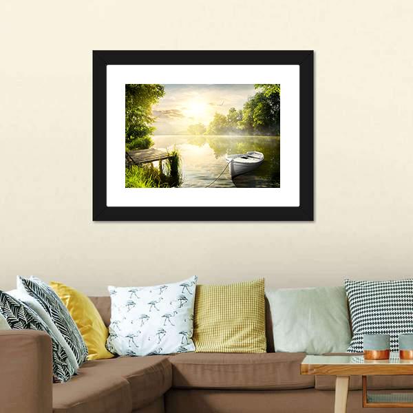 Boat On River Bank Canvas Wall Art-3 Horizontal-Gallery Wrap-25" x 16"-Tiaracle