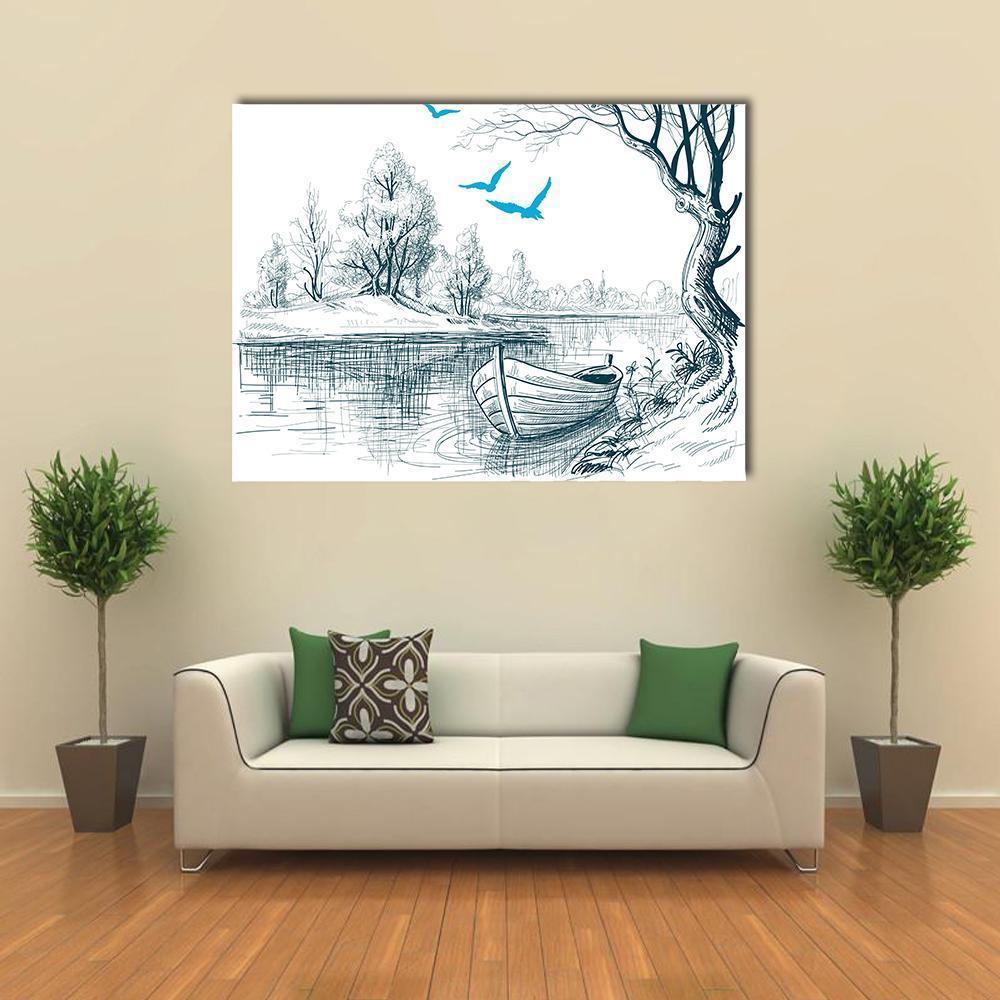 Boat on River Delta Canvas Wall Art in white, blue and navy, single panel hung on a wall