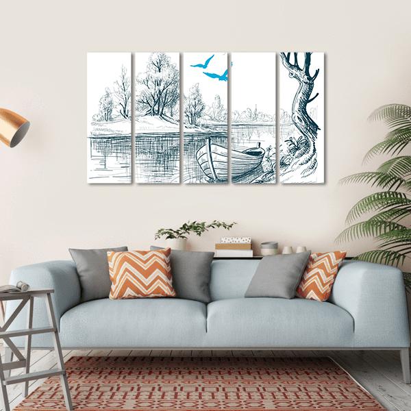 Boat On River Delta Canvas Wall Art-5 Horizontal-Gallery Wrap-22" x 12"-Tiaracle