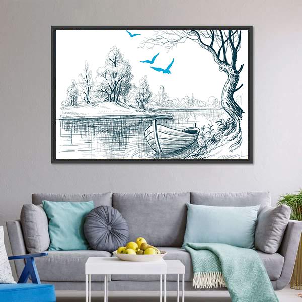 Boat On River Delta Canvas Wall Art-1 Piece-Floating Frame-24" x 16"-Tiaracle