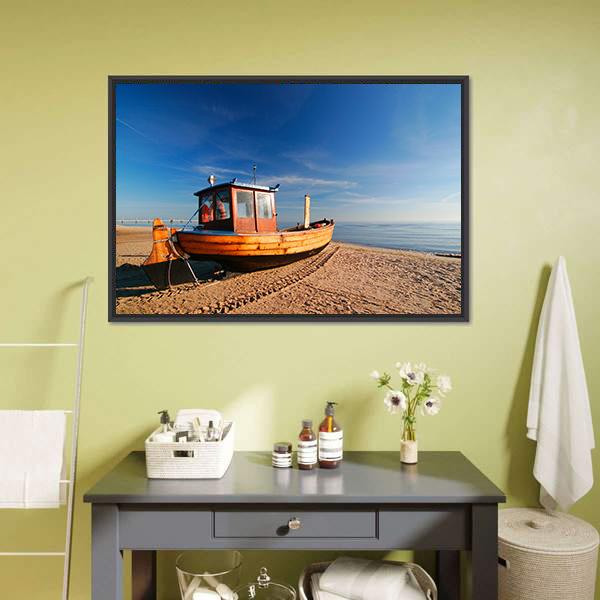 Boat On Sand Beach Canvas Wall Art-1 Piece-Floating Frame-24" x 16"-Tiaracle
