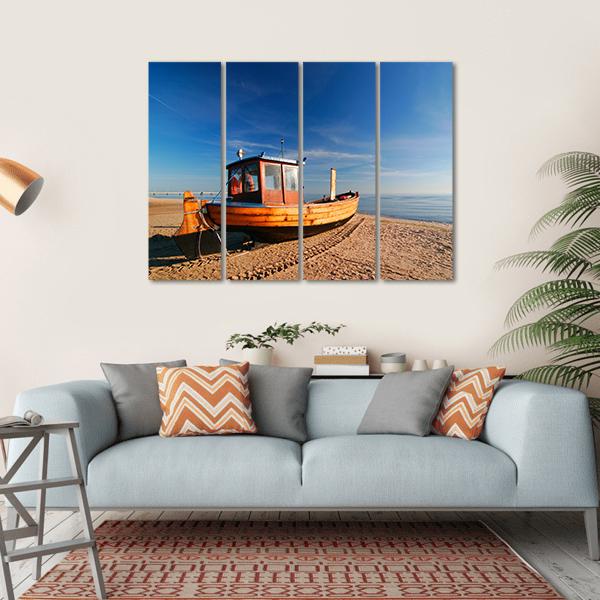 Boat On Sand Beach Canvas Wall Art-4 Horizontal-Gallery Wrap-34" x 24"-Tiaracle