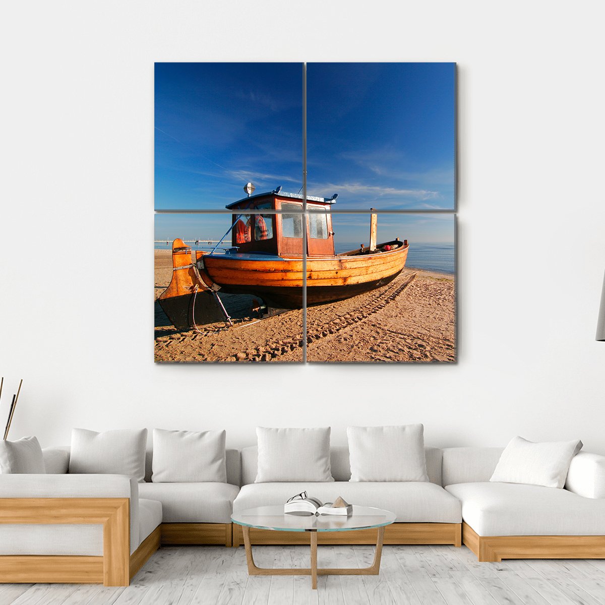 Boat On Sand Beach Canvas Wall Art-4 Square-Gallery Wrap-17" x 17"-Tiaracle