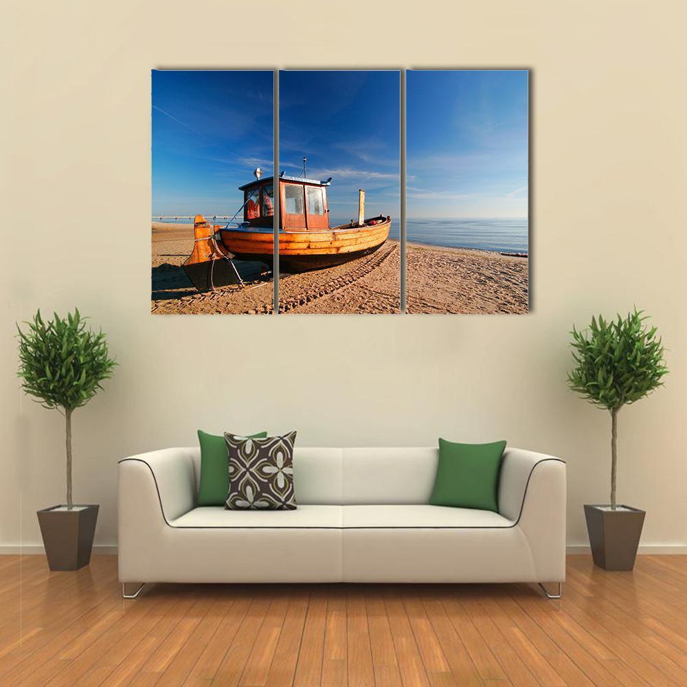 Boat On Sand Beach Canvas Wall Art-3 Horizontal-Gallery Wrap-37" x 24"-Tiaracle