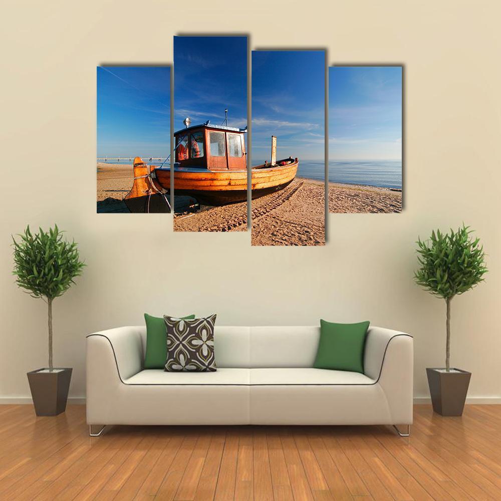 Boat On Sand Beach Canvas Wall Art-4 Pop-Gallery Wrap-50" x 32"-Tiaracle