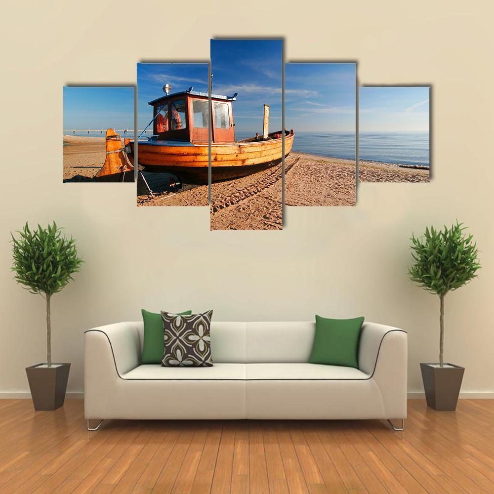 Boat On Sand Beach Canvas Wall Art-5 Star-Gallery Wrap-62" x 32"-Tiaracle