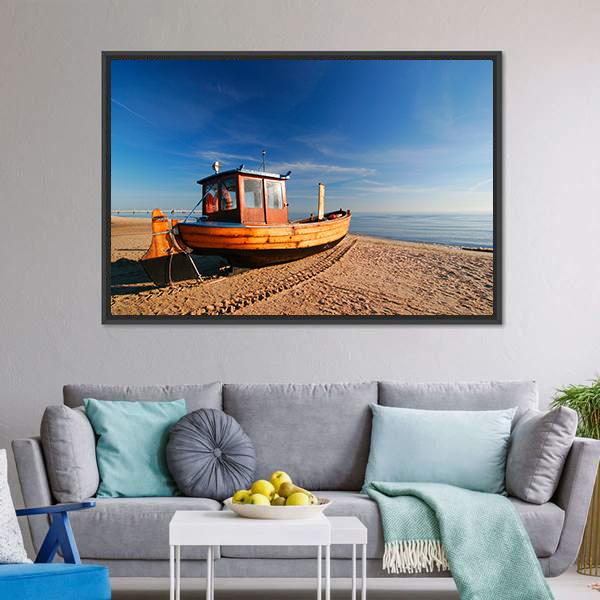 Boat On Sand Beach Canvas Wall Art-3 Horizontal-Gallery Wrap-25" x 16"-Tiaracle