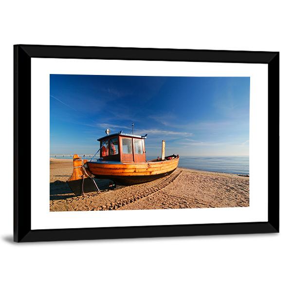 Boat On Sand Beach Canvas Wall Art-3 Horizontal-Gallery Wrap-25" x 16"-Tiaracle
