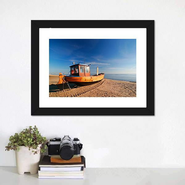 Boat On Sand Beach Canvas Wall Art-1 Piece-Framed Print-20" x 16"-Tiaracle