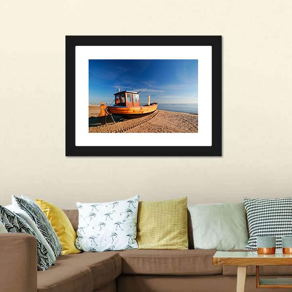 Boat On Sand Beach Canvas Wall Art-3 Horizontal-Gallery Wrap-25" x 16"-Tiaracle