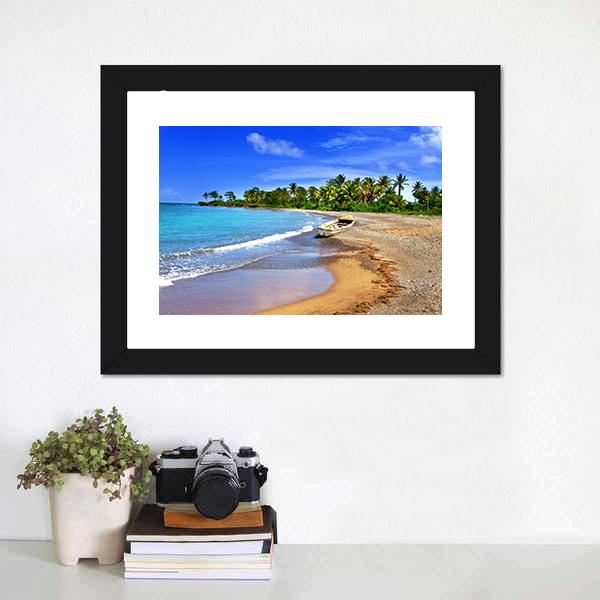 Boat On Sandy Coast Canvas Wall Art-1 Piece-Framed Print-30" x 20"-Tiaracle