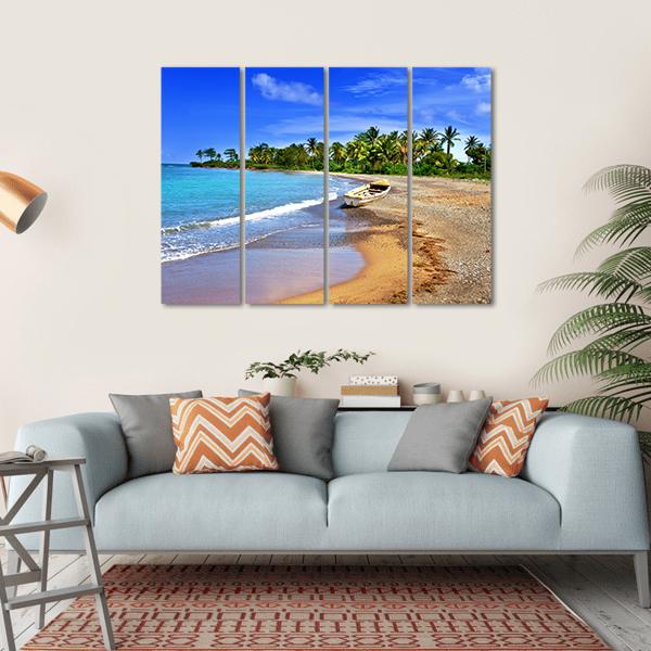 Boat On Sandy Coast Canvas Wall Art-4 Horizontal-Gallery Wrap-34" x 24"-Tiaracle