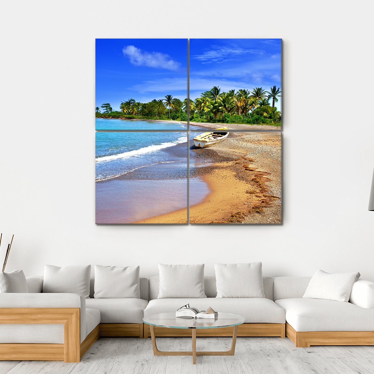 Boat On Sandy Coast Canvas Wall Art-4 Square-Gallery Wrap-17" x 17"-Tiaracle