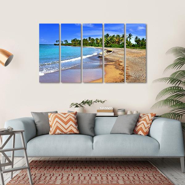 Boat On Sandy Coast Canvas Wall Art-5 Horizontal-Gallery Wrap-22" x 12"-Tiaracle