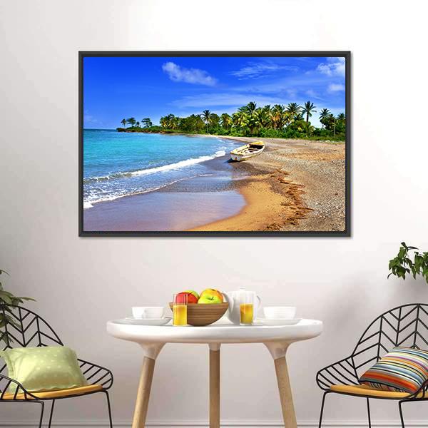 Boat On Sandy Coast Canvas Wall Art-5 Horizontal-Gallery Wrap-22" x 12"-Tiaracle