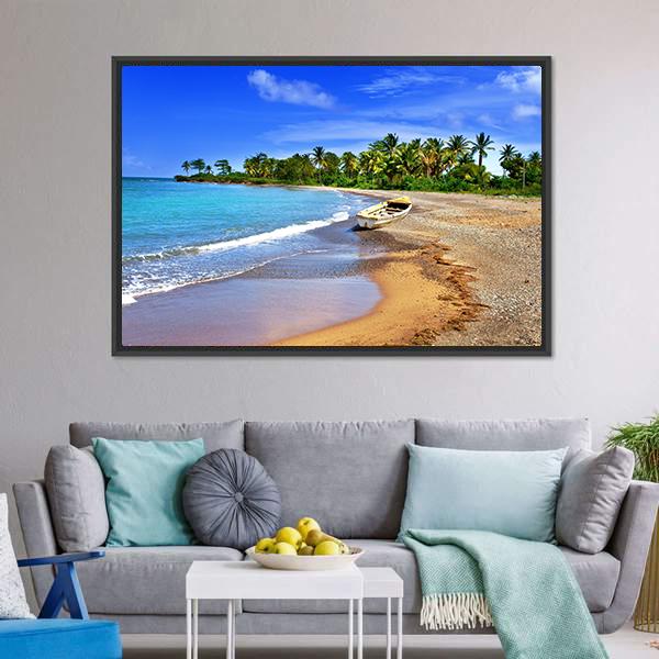 Boat On Sandy Coast Canvas Wall Art-5 Horizontal-Gallery Wrap-22" x 12"-Tiaracle