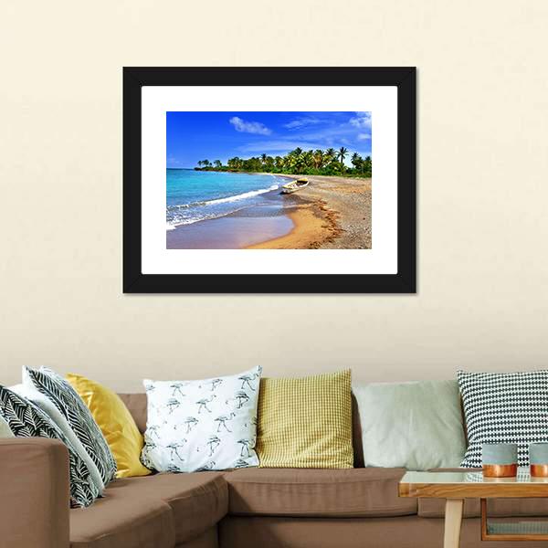 Boat On Sandy Coast Canvas Wall Art-5 Horizontal-Gallery Wrap-22" x 12"-Tiaracle