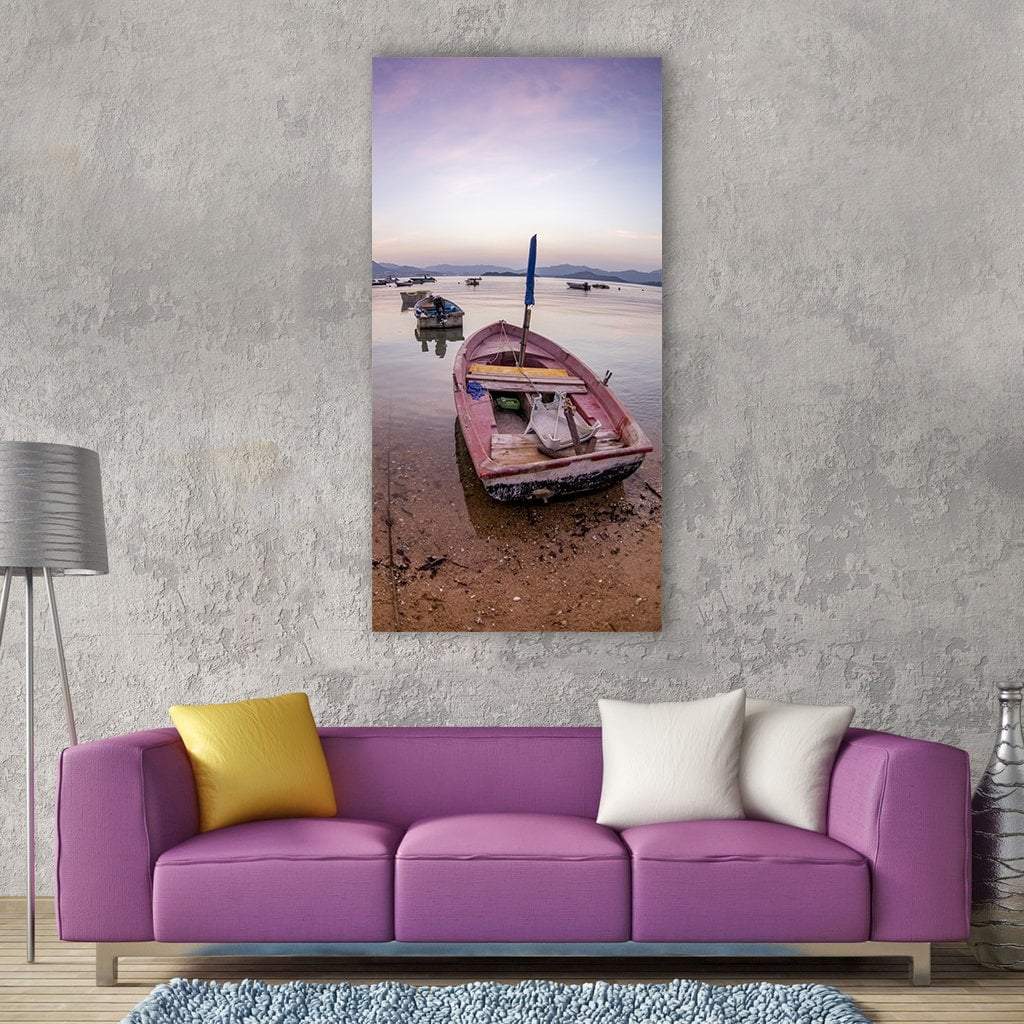 Boat On Sea Beach Coast Vertical Canvas Wall Art-1 Vertical-Gallery Wrap-12" x 24"-Tiaracle