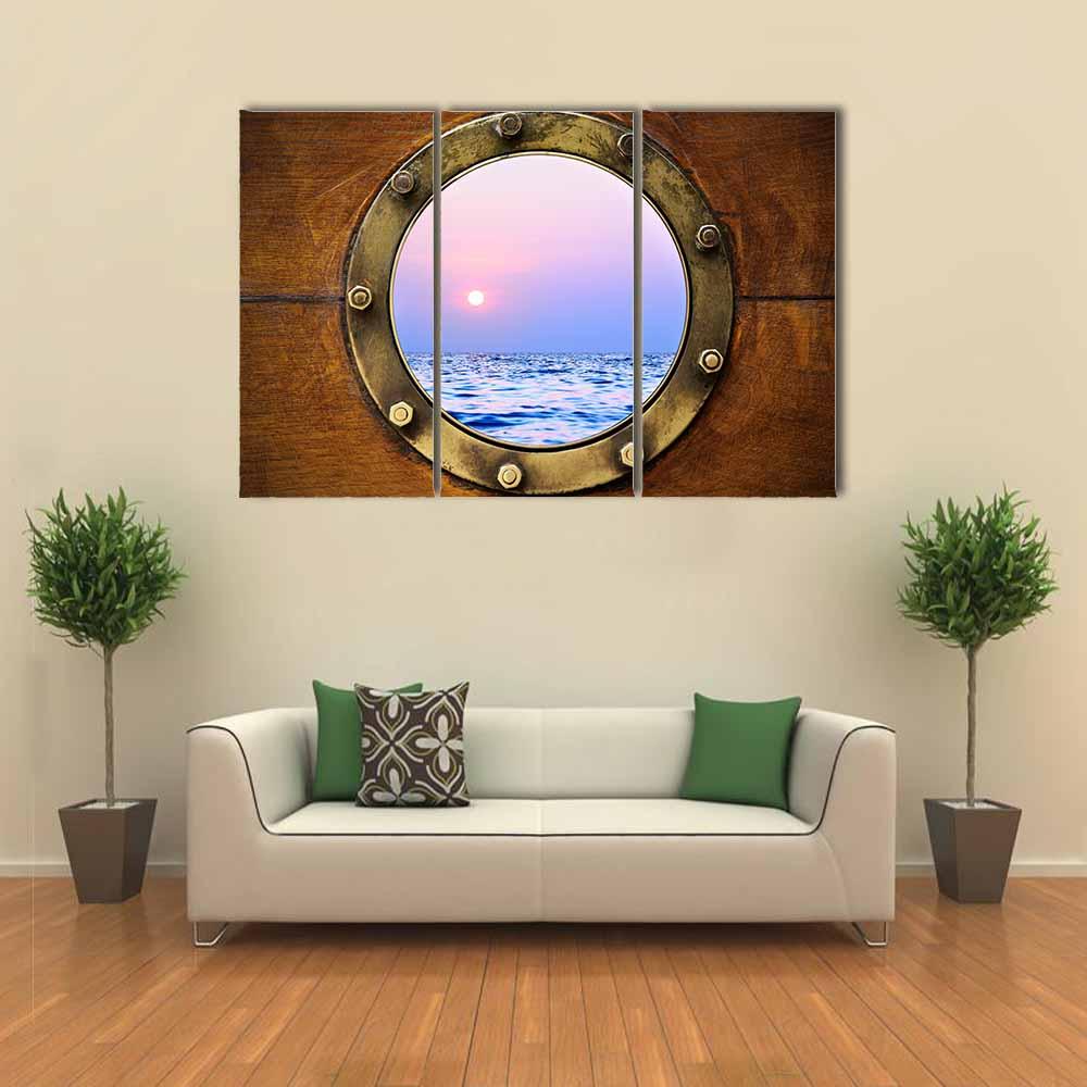 Boat Porthole With Ocean Canvas Wall Art-3 Horizontal-Gallery Wrap-25" x 16"-Tiaracle