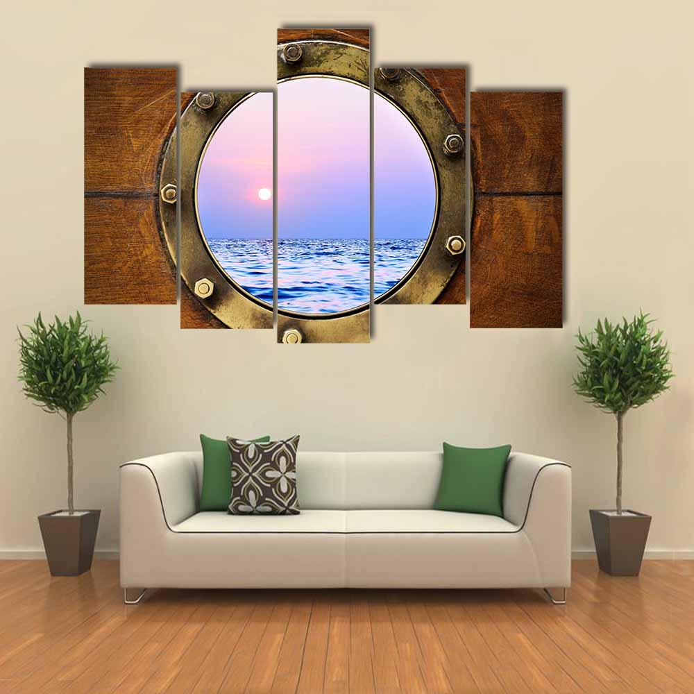 Boat Porthole With Ocean Canvas Wall Art-5 Pop-Gallery Wrap-32" x 21"-Tiaracle