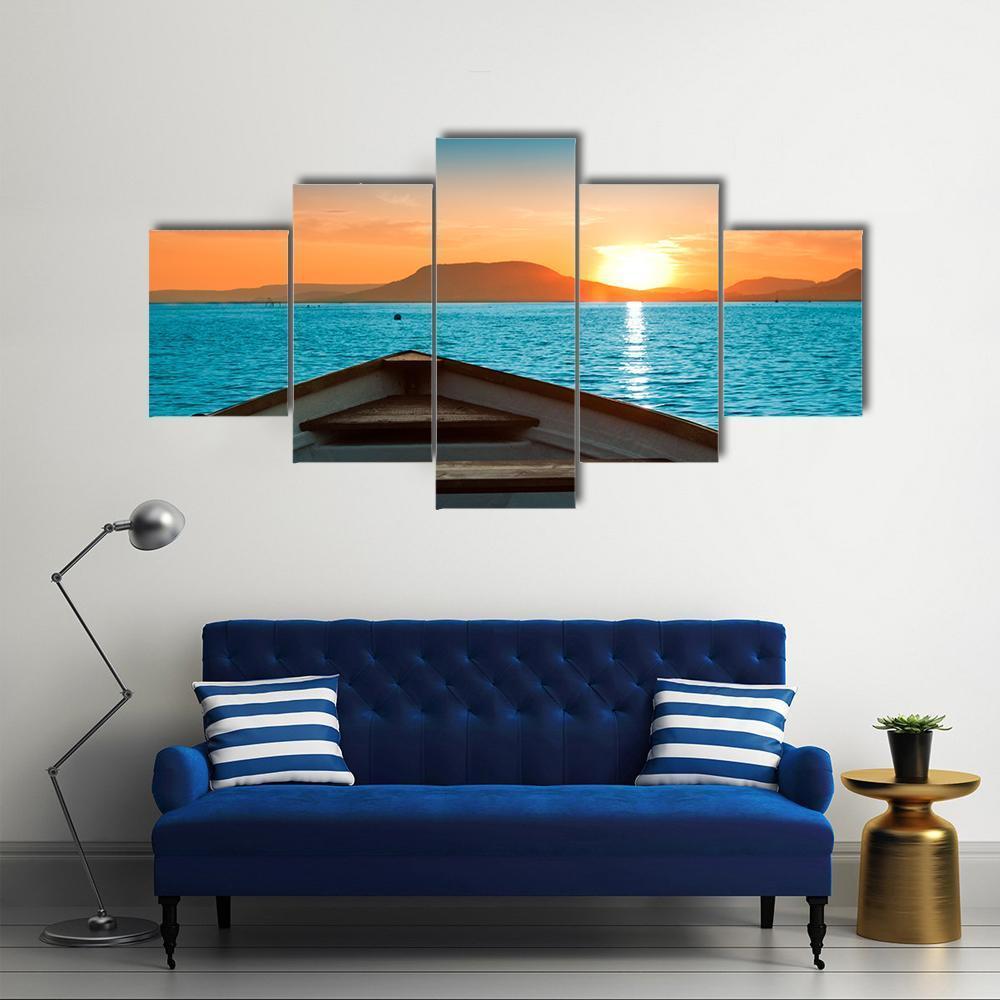 Boat Under Sunset Canvas Wall Art-5 Star-Gallery Wrap-62" x 32"-Tiaracle