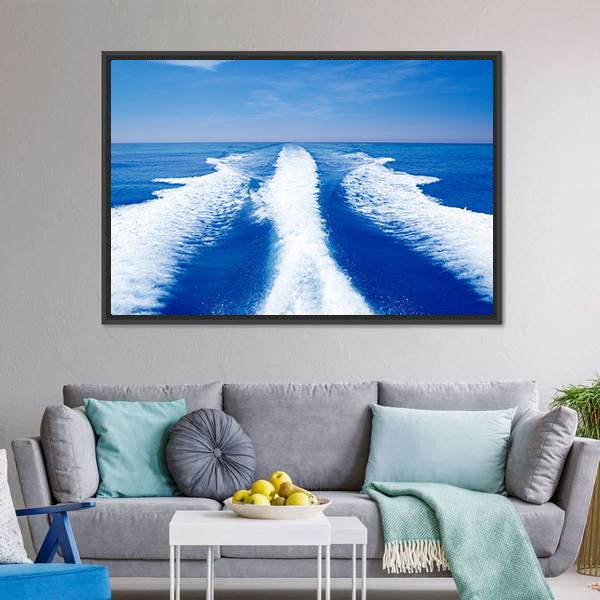 Boat Wake Prop Wash Canvas Wall Art in white and blue, framed canvas, product view on a white background