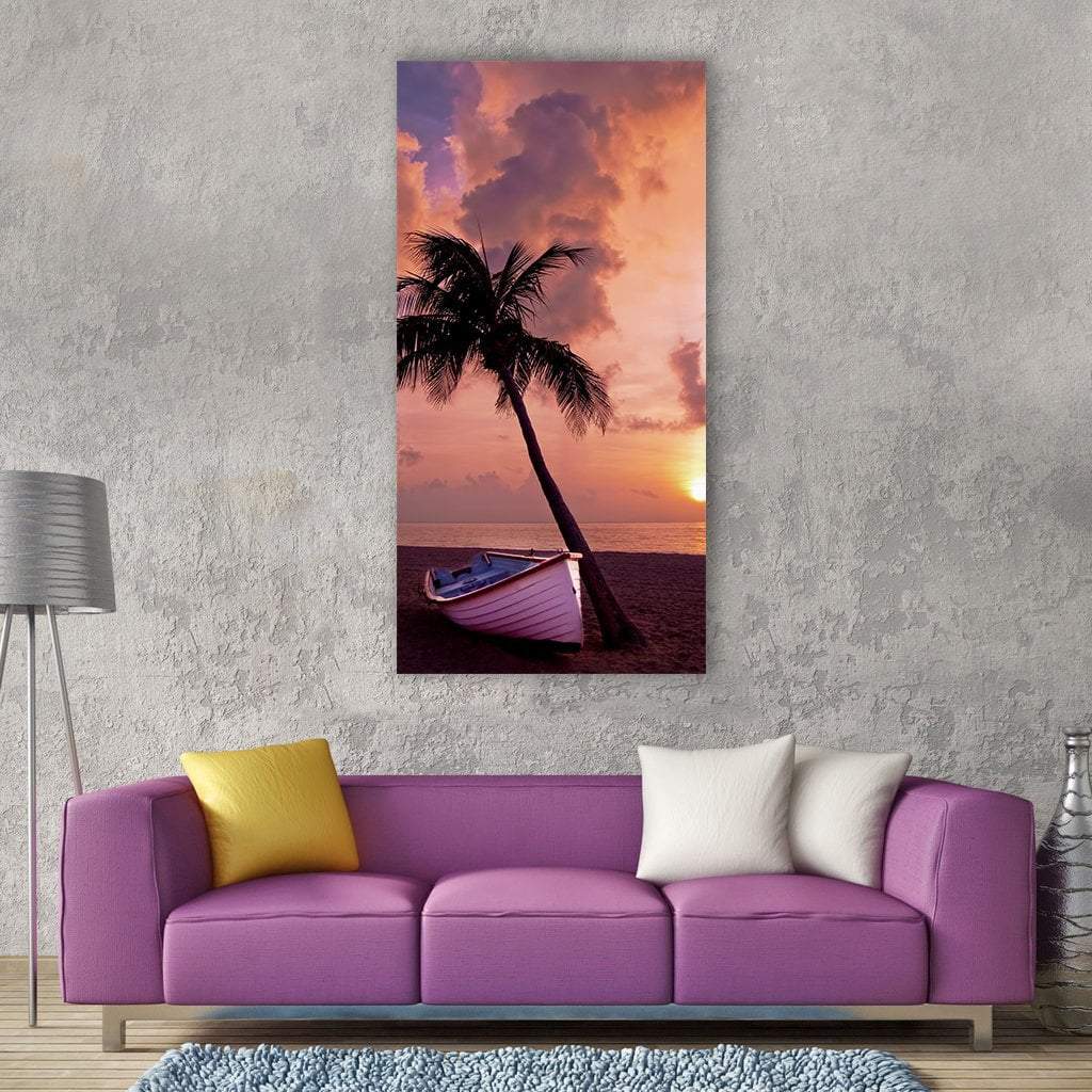 Boat With Palm Tree Vertical Canvas Wall Art-1 Vertical-Gallery Wrap-12&quot; x 24&quot;-Tiaracle